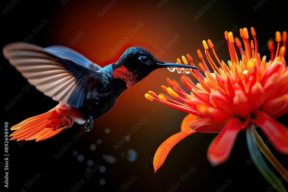 Fototapeta premium A tiny hummingbird hovers over a bright red flower, sipping nectar