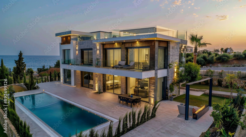 Luxury modern beige villa in a minimalist style in shore sea view. Swimming pool in front of the villa. Modern architecture and investment in luxury real estate by the sea relax concept. Generative A Luxury modern beige villa in a minimalist style in shore sea view. Swimming pool in front of the villa. Modern architecture and investment in luxury real estate by the sea relax concept. Generative A