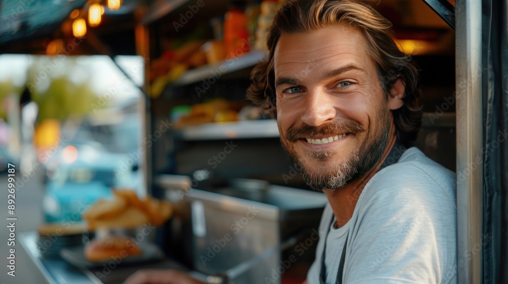 Smiling Caucasian seller of food truck Smiling Caucasian seller of food truck