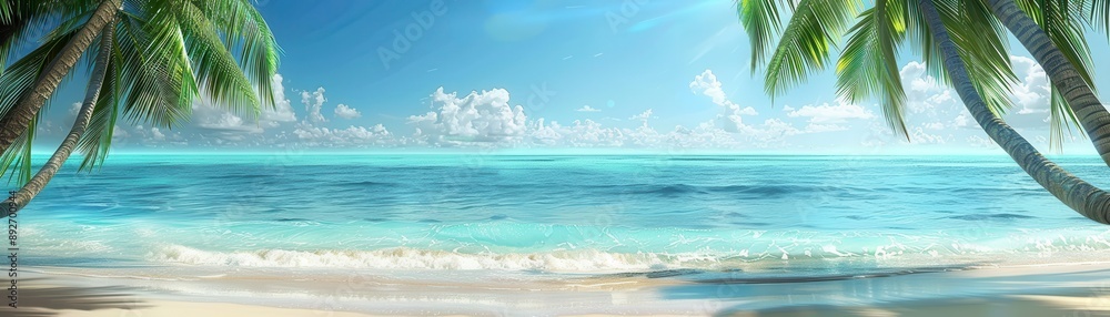 A serene beach scene featuring gentle waves, soft sand, and swaying palm trees under a clear blue sky. Perfect for relaxation.