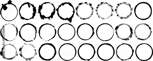 Vector set of black ink circles, each circle has a different size, shape, and texture. These circles could be used for design projects, graphic design, or artistic purposes.