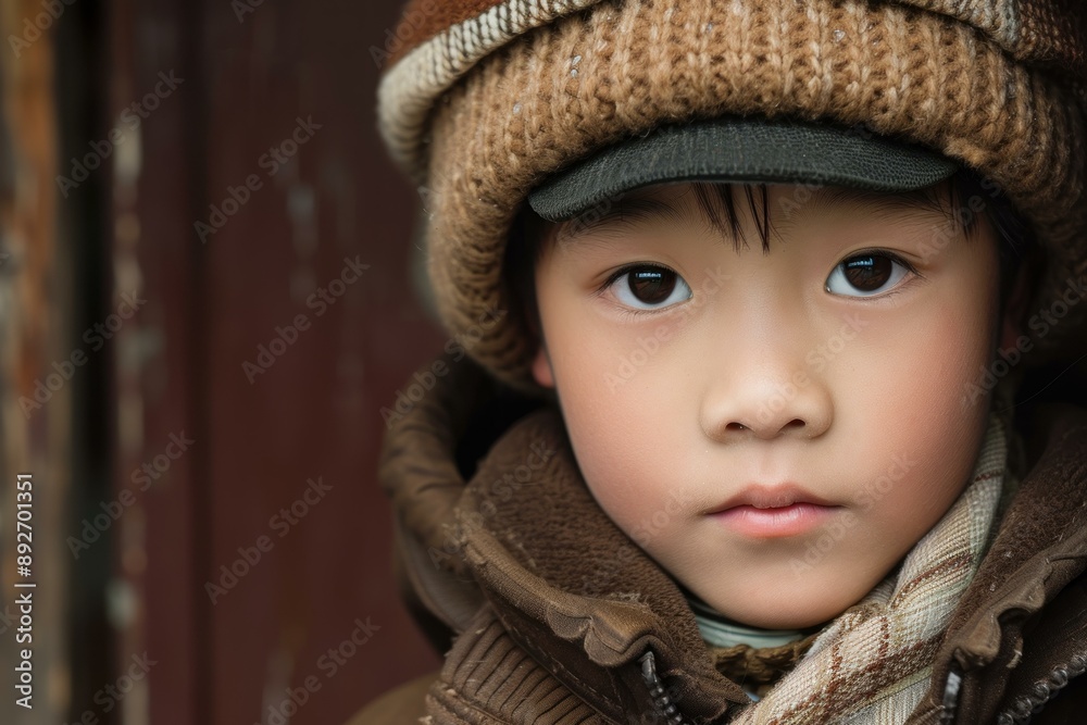Closeup of a young child with a contemplative gaze, dressed in warm winter clothing Closeup of a young child with a contemplative gaze, dressed in warm winter clothing