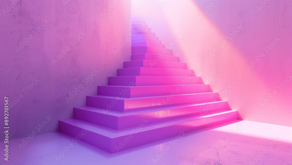 Surrealistic Bright Pink Staircase Leading to Light Purple Wall with Glowing Pink Stairs and Violet Hues in Hyper Realistic Style Surrealistic Bright Pink Staircase Leading to Light Purple Wall with Glowing Pink Stairs and Violet Hues in Hyper Realistic Style
