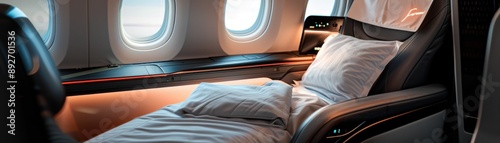 A bed is shown in the middle of an airplane with a window in the background. The bed is made and has a pillow and a blanket. The airplane is a large jetliner with many windows © Media Srock