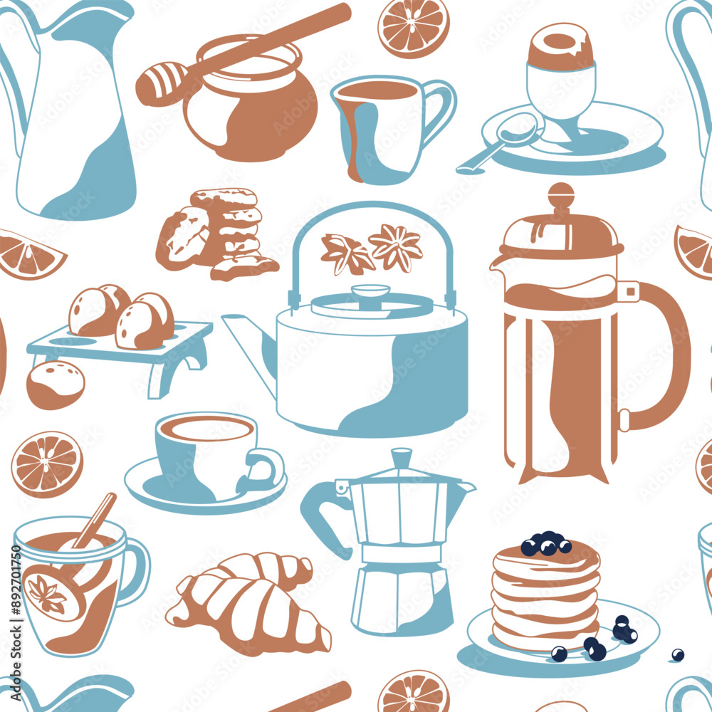 Pattern of traditional breakfast. Blue and brown colors. Vector flat illustration. Cafe and restaurant menu. Pattern of traditional breakfast. Blue and brown colors. Vector flat illustration. Cafe and restaurant menu.