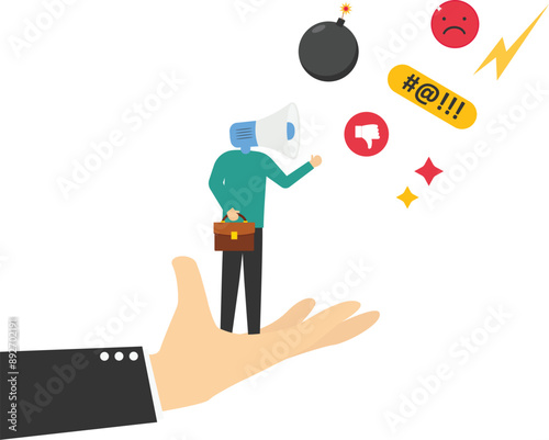 Furious boss megaphone head shouting complaint on everything. Complain on everything, blame other people, furious anger businessman complainer or displeased manager.

