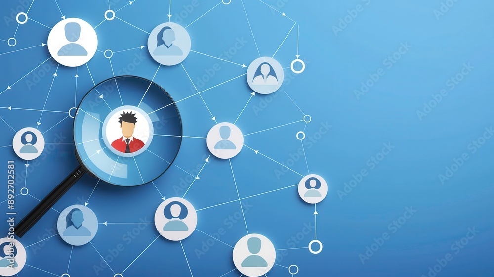 A magnifying glass focusing on a person among multiple avatars, symbolizing search, connection, and networking in a digital world. A magnifying glass focusing on a person among multiple avatars, symbolizing search, connection, and networking in a digital world.