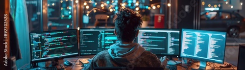 A focused programmer working late at night surrounded by multiple screens displaying code in a dimly lit environment. photo