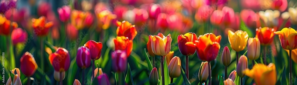 Obraz premium A vibrant field of tulips in various colors, capturing the beauty of spring blooms under soft sunlight.