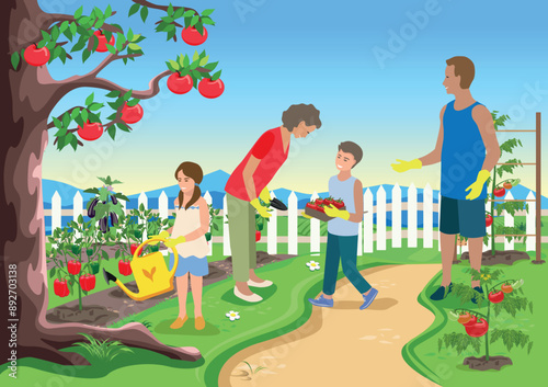 Happy young family with children working in the garden. Growing vegetables and fruits. Harvesting. Vector illustration in flat style.