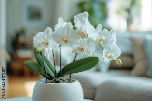 Beautiful white orchid in a modern pot, adding elegance and freshness to a cozy living space.