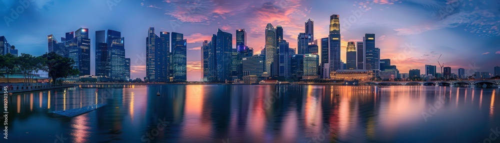 Fototapeta premium Stunning panoramic view of a city skyline at twilight, reflected in a calm water body, showcasing architectural beauty and serenity.
