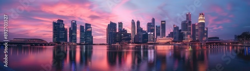 Wallpaper Mural Stunning city skyline at sunset, with modern architecture reflecting on calm waters, showcasing vibrant colors and urban beauty. Torontodigital.ca