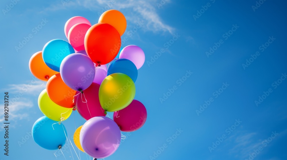 Helium-filled balloons floating against a bright blue sky Helium-filled balloons floating against a bright blue sky