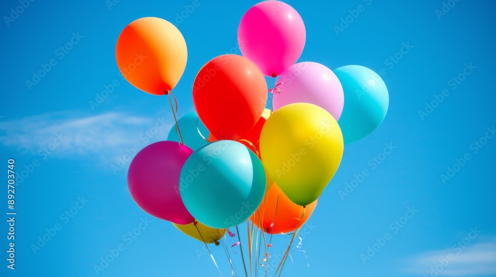Helium-filled balloons floating against a bright blue sky Helium-filled balloons floating against a bright blue sky