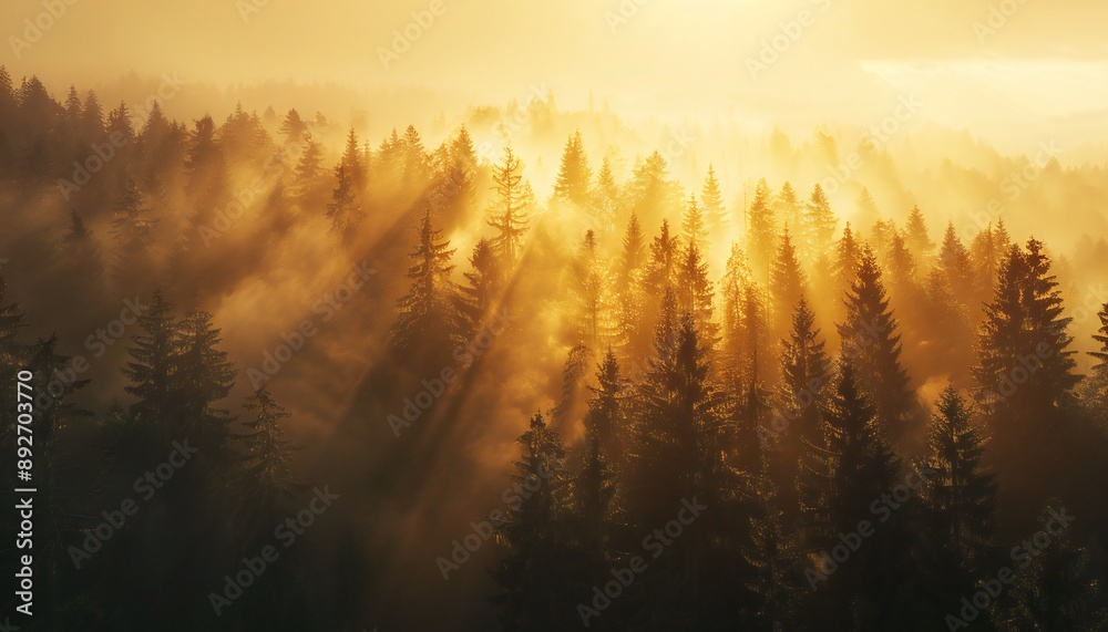 Obraz premium Golden hour of wandering. The treetops are covered with the rising sun and early fog