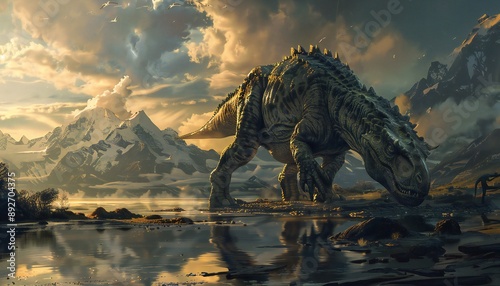 Drawing of a dinosaur on scorched earth near snow-capped mountains