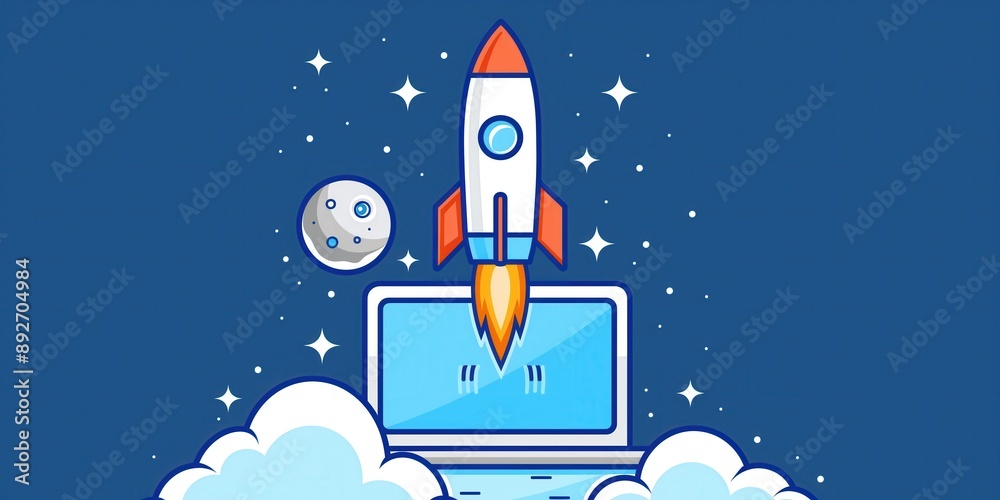 Naklejka premium Rocket Launching from Laptop in Cosmic Background created by ai