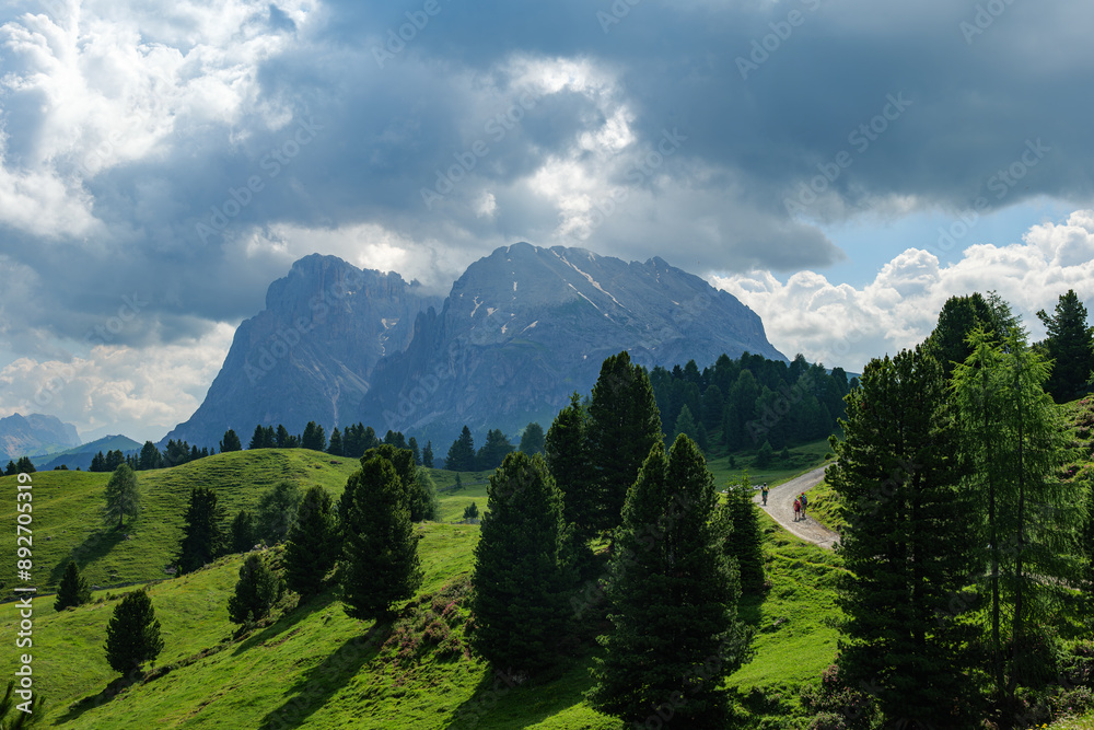 Fototapeta premium Seiser Alm (Italian: Alpe di Siusi, Ladin: Mont Sëuc) is a Dolomite plateau and the largest high-elevation Alpine meadow in Europe. Located in Italy's South Tyrol province in the Dolomites