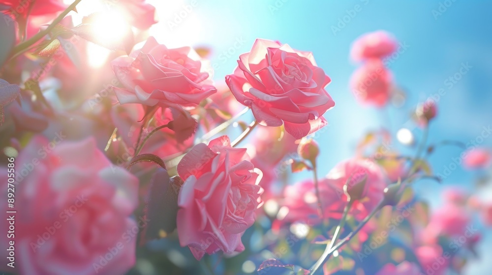 Radiant Pink Roses Basking in Sunlight on a Clear Blue Sky Background Radiant Pink Roses Basking in Sunlight on a Clear Blue Sky Background