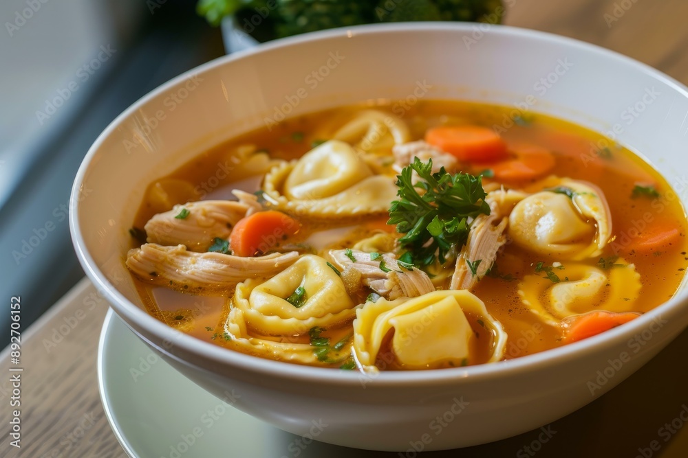 Hearty bowl of chicken noodle soup with carrots and parsley, perfect for a cozy meal Hearty bowl of chicken noodle soup with carrots and parsley, perfect for a cozy meal