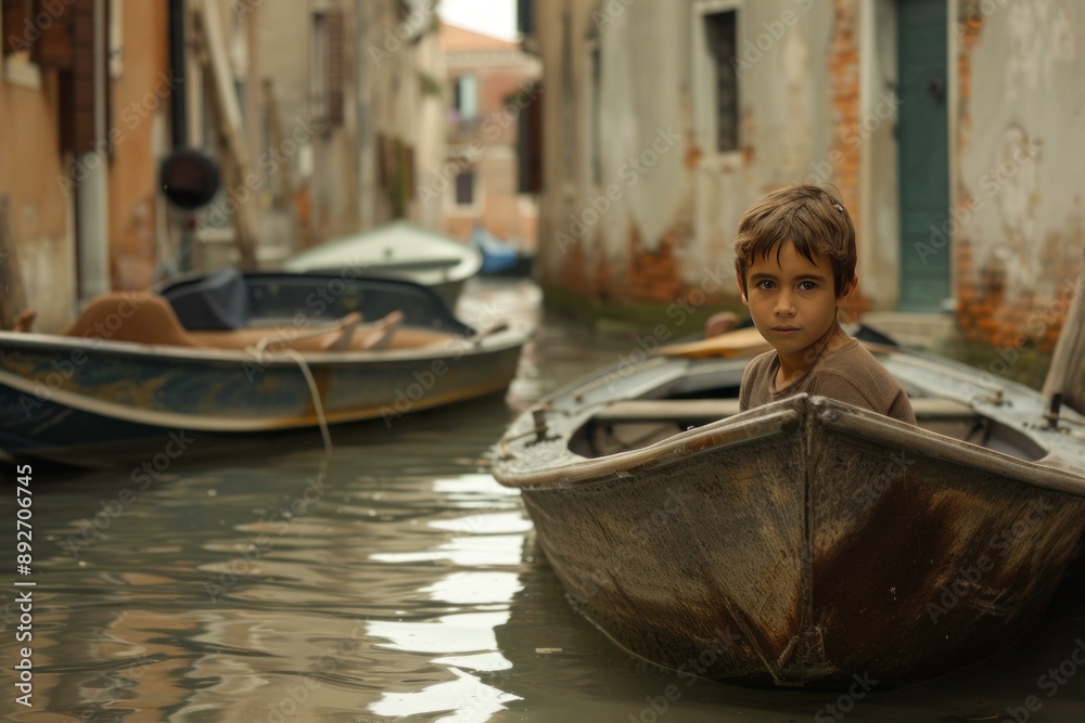 Obraz premium Young boy sits calmly in a rustic boat on a quiet venice canal