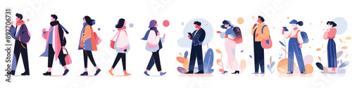 Simple UI illustration of people in everyday life, Minimalist vector art featuring diverse characters in daily activities
