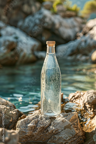 Bouteille en verre avec eau pétillante venant d'une source d'eau de montagne, eau volcanique aux bienfaits pour le corps, photo pour montage, promotion et publicité photo