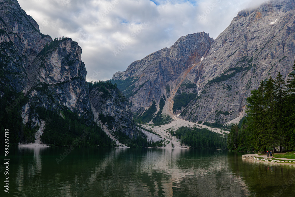 Fototapeta premium The Pragser Wildsee, or Lake Prags, Lake Braies (Italian: Lago di Braies; German: Pragser Wildsee) is a natural lake in the Prags Dolomites in South Tyrol, Italy. 