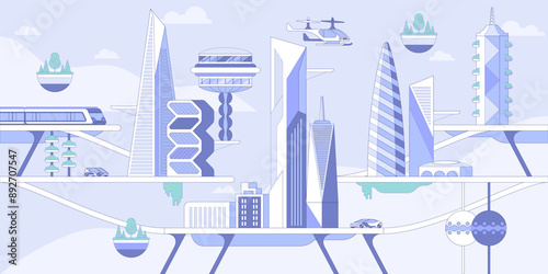 Future city panorama flat vector illustration. Panoramic metropolis, futuristic urban architecture and eco friendly vehicles. High tech transportation, electric car, flying drone and speed train