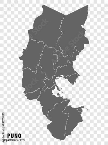 Blank map Department Puno of Peru. High quality map Department  of Puno with districts on transparent background for your web site design, logo, app, UI.  Republic of Peru.  EPS10.