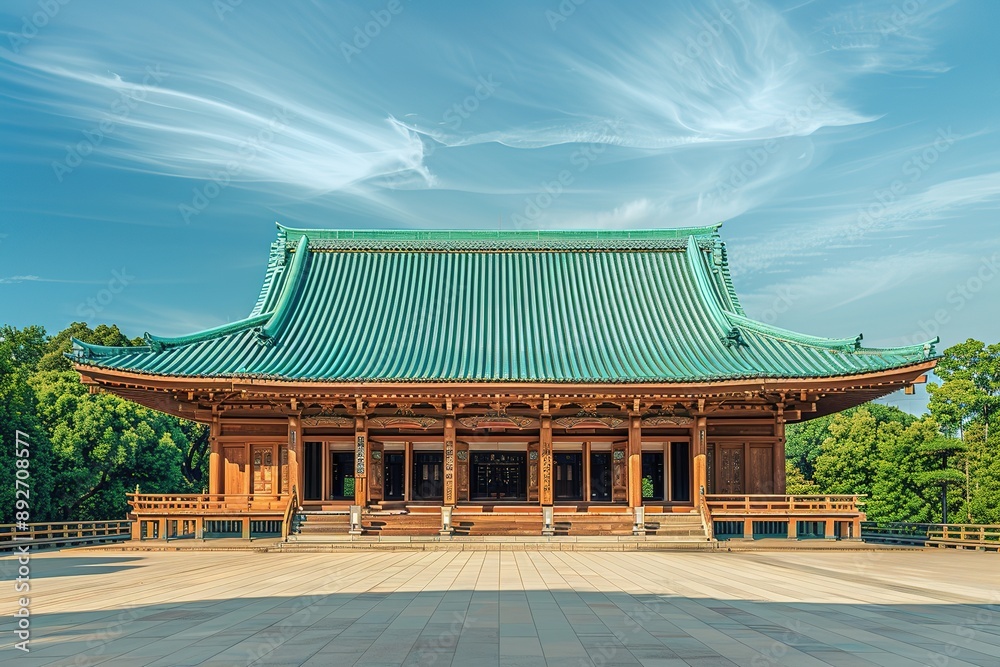 Obraz premium Large Wooden Temple with Green Roof Surrounded by Trees, Symmetrical Composition, Traditional Japanese Architecture, Bright Colors, Tranquil and Grand Scene