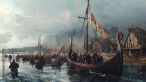 Fierce Viking warriors attack a seaside town, looting and plundering homes in their conquest.