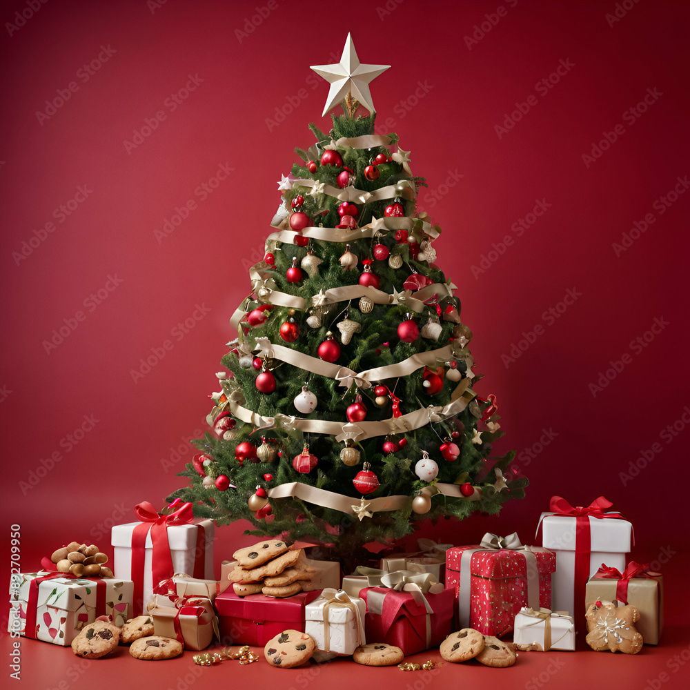 Christmas tree decorated with red and gold ornaments and cookies Christmas tree decorated with red and gold ornaments and cookies