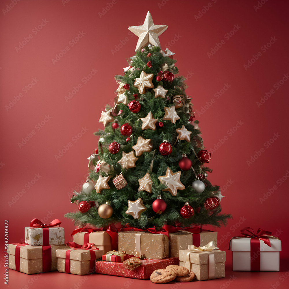 Christmas tree decorated with red and gold ornaments and cookies
Christmas tree decorated with red and gold ornaments and cookies
