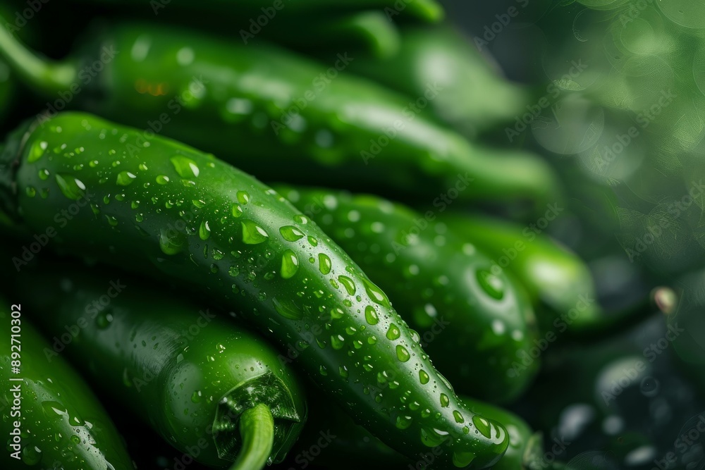 Closeup of juicy green jalapeno peppers with dew, set on a dark background Closeup of juicy green jalapeno peppers with dew, set on a dark background