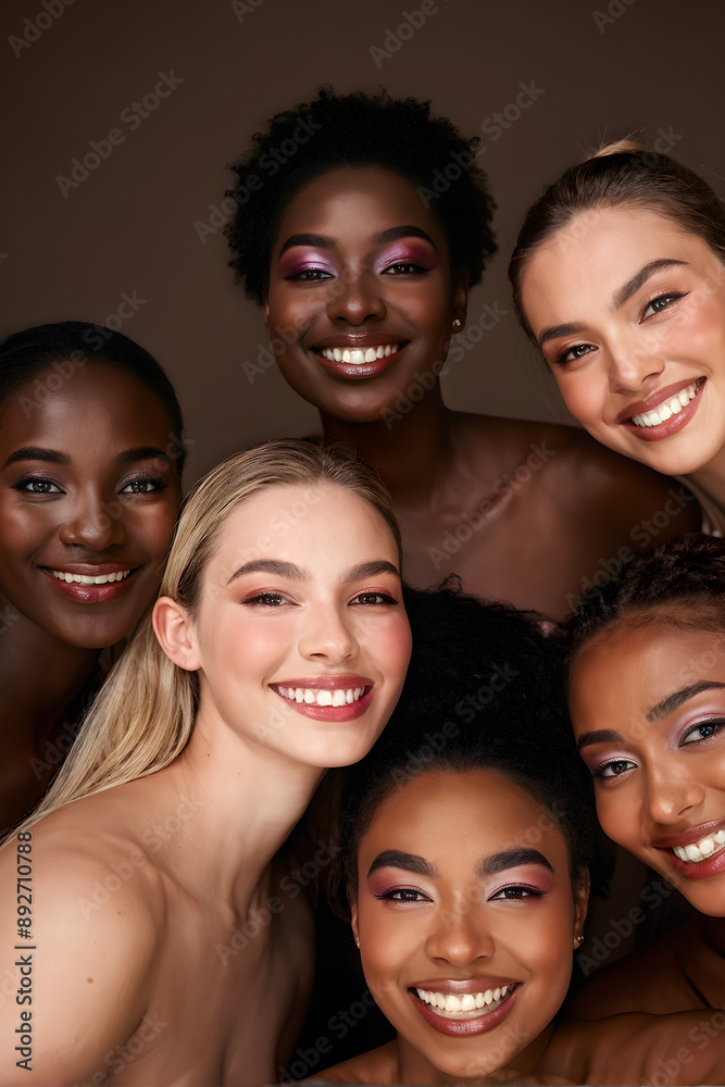 diversity and vertical portrait of women happy with makeup for cosmetic skincare isolated in studio brown background. Skin, aesthetic and young friends together for self care, dermatology and support diversity and vertical portrait of women happy with makeup for cosmetic skincare isolated in studio brown background. Skin, aesthetic and young friends together for self care, dermatology and support