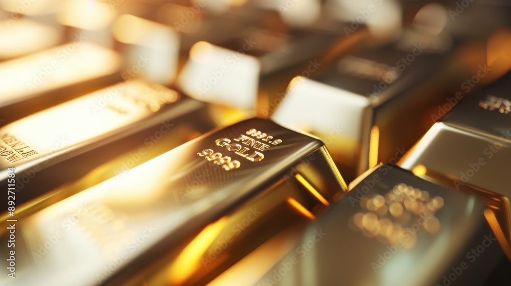 A row of gold bars . The bars are stacked on top of each other A row of gold bars . The bars are stacked on top of each other
