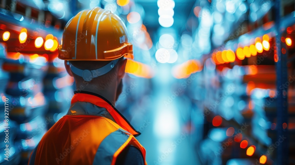 A man in a yellow hard hat and orange vest stands in a warehouse. The warehouse is lit with bright lights, creating a sense of energy and activity. The man is focused on his work A man in a yellow hard hat and orange vest stands in a warehouse. The warehouse is lit with bright lights, creating a sense of energy and activity. The man is focused on his work