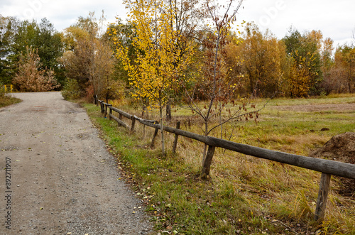 Old wooden fence against a sky on a sunny day. Beautiful summer or autumn rural landscape