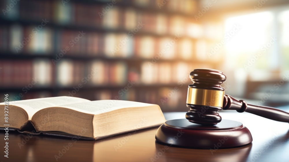 wooden judge's gavel, and law books on the table in the library. blurred shelves and wooden bookcases at university or college, Law and Justice concept. wooden judge's gavel, and law books on the table in the library. blurred shelves and wooden bookcases at university or college, Law and Justice concept.
