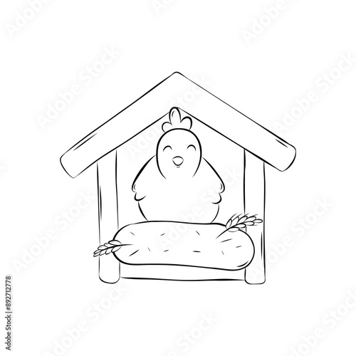 Sketch chicken sitting in nest. Simple vector illustration in doodle style.