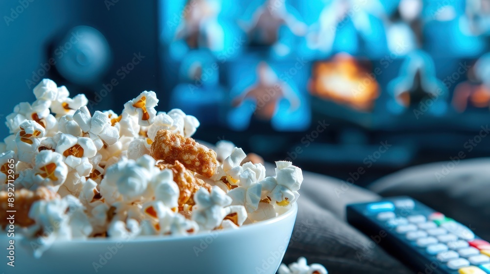 Bowl of popcorn and remote control in front of TV screen with movie selection for a cozy home movie night. Bowl of popcorn and remote control in front of TV screen with movie selection for a cozy home movie night.