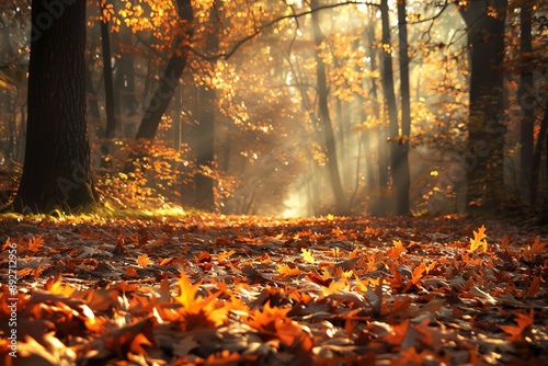 Forest floor covered in fallen leaves, sunlight filtering through tall trees, warm autumn tones, tranquil and inviting ambiance © Nathakorn