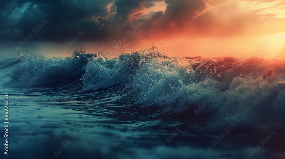 Naklejka premium modern abstract background, waves, close up, focus on, striking hues, Double exposure silhouette with waves