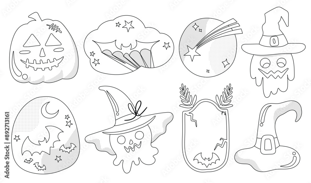 Set of isolated Halloween decoration elements for sticker, badge, tag or label in cute graphic illustration style on transparent background, Volume 5: Black outline style. Set of isolated Halloween decoration elements for sticker, badge, tag or label in cute graphic illustration style on transparent background, Volume 5: Black outline style.