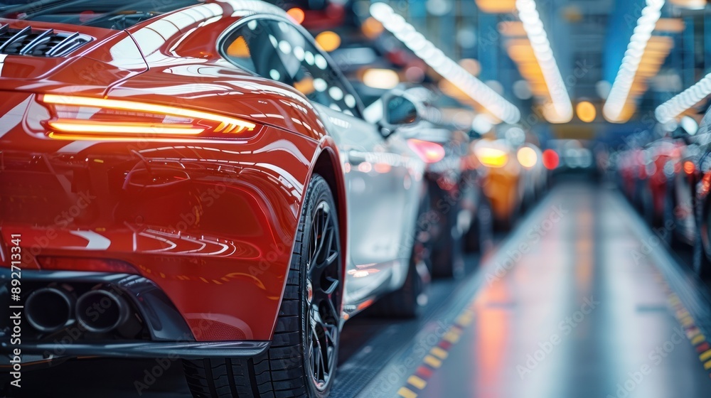 Red sports car in a car factory Red sports car in a car factory