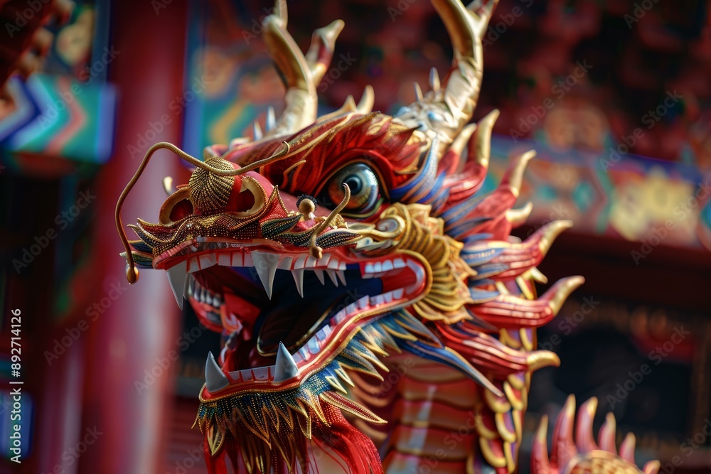 Fototapeta premium Closeup of a vibrant red and gold dragon sculpture at an asian temple, symbolizing power and tradition
