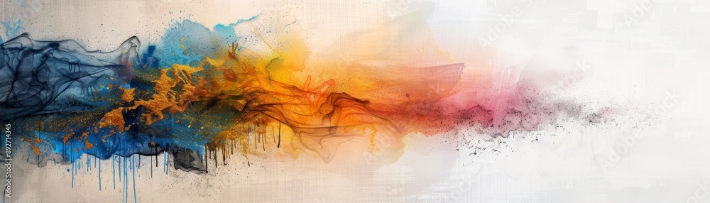 Fototapeta premium Abstract colorful painting with vibrant blues, oranges, and pinks blending into a white evoking creativity and inspiration.