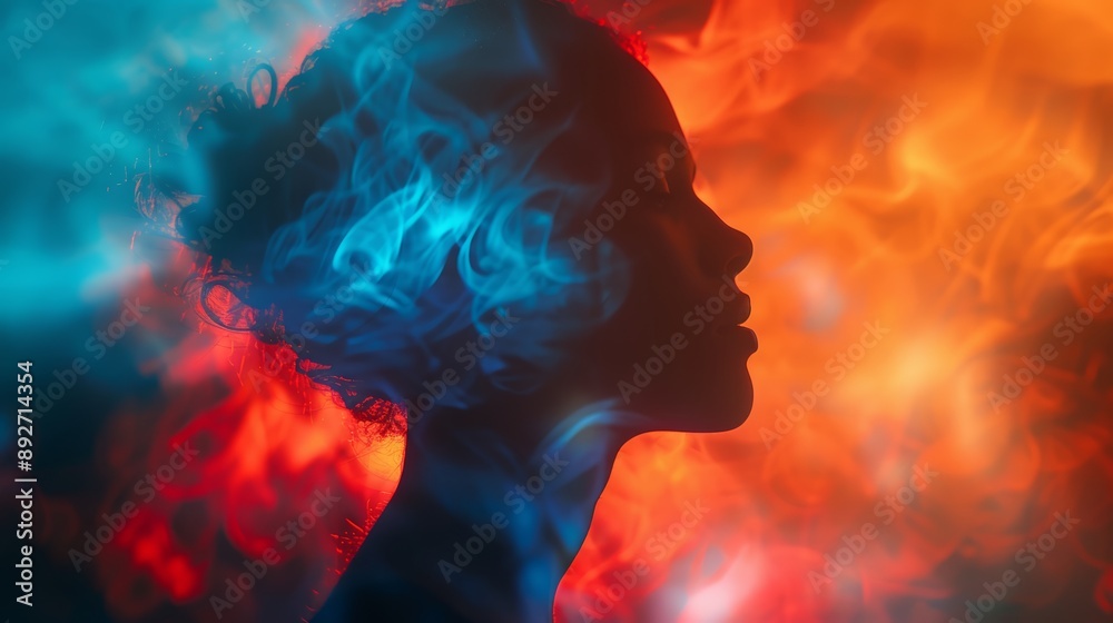 product 3d background, display, close up, focus on, intense colors, Double exposure silhouette with display product 3d background, display, close up, focus on, intense colors, Double exposure silhouette with display